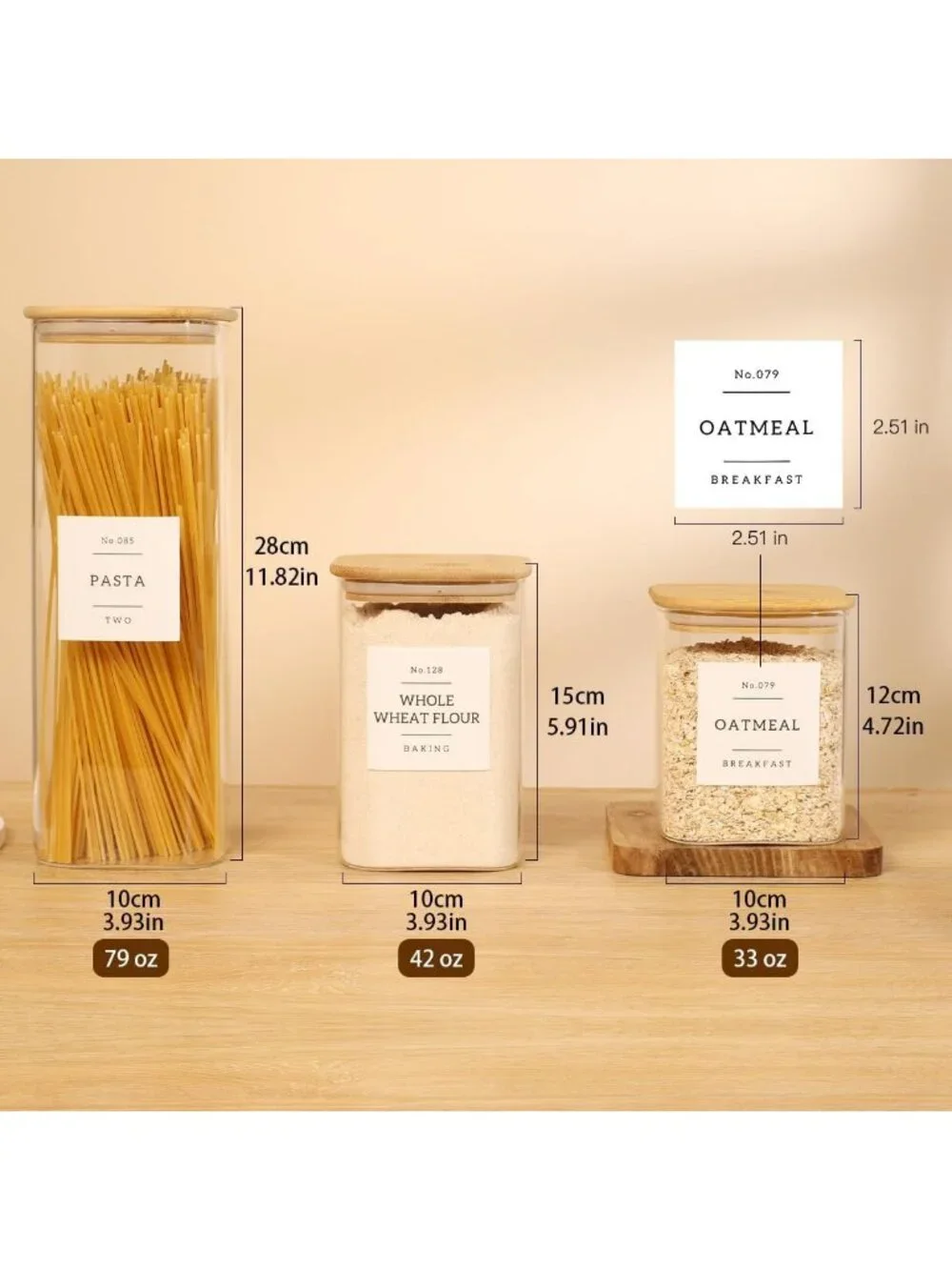 5 Pack Clear Glass Pantry Storage Jars with Airtight Bamboo Lids & 132 Labels